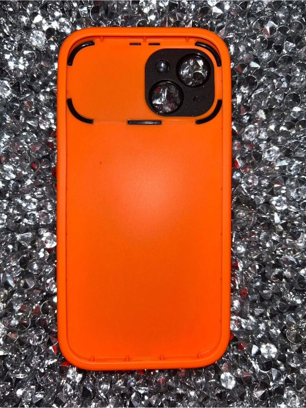 iPhone 15 Orange Heart Silicone Phone Case with Black Camera Cover